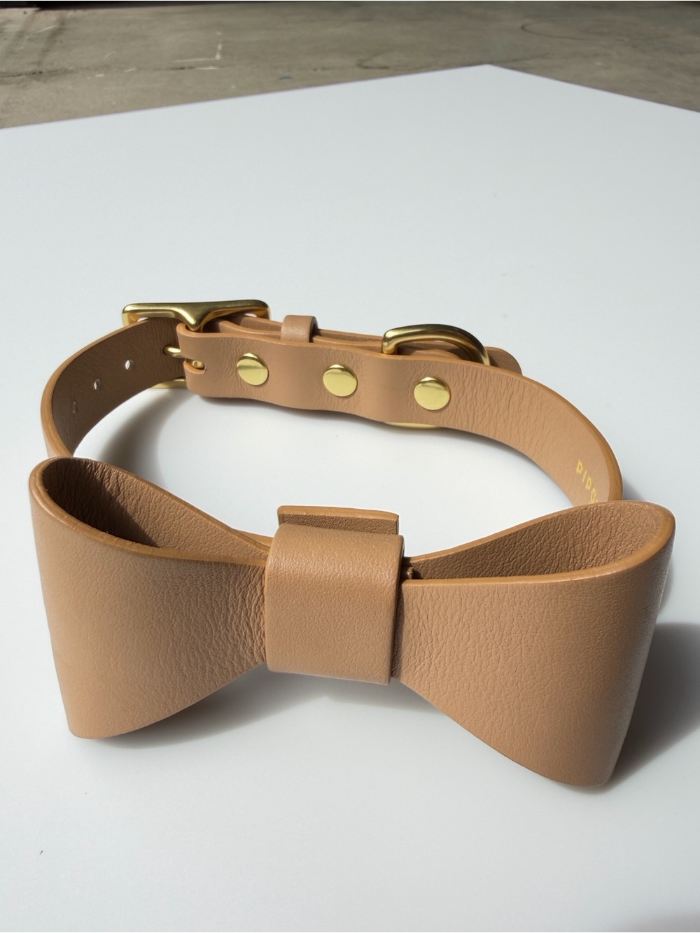 Tan Leather Bow Dog Collar with Gold Hardware - Designer Style